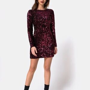 Motel Rocks Gabby Burgundy Sequin Long Sleeve Mini Dress Plunge Back